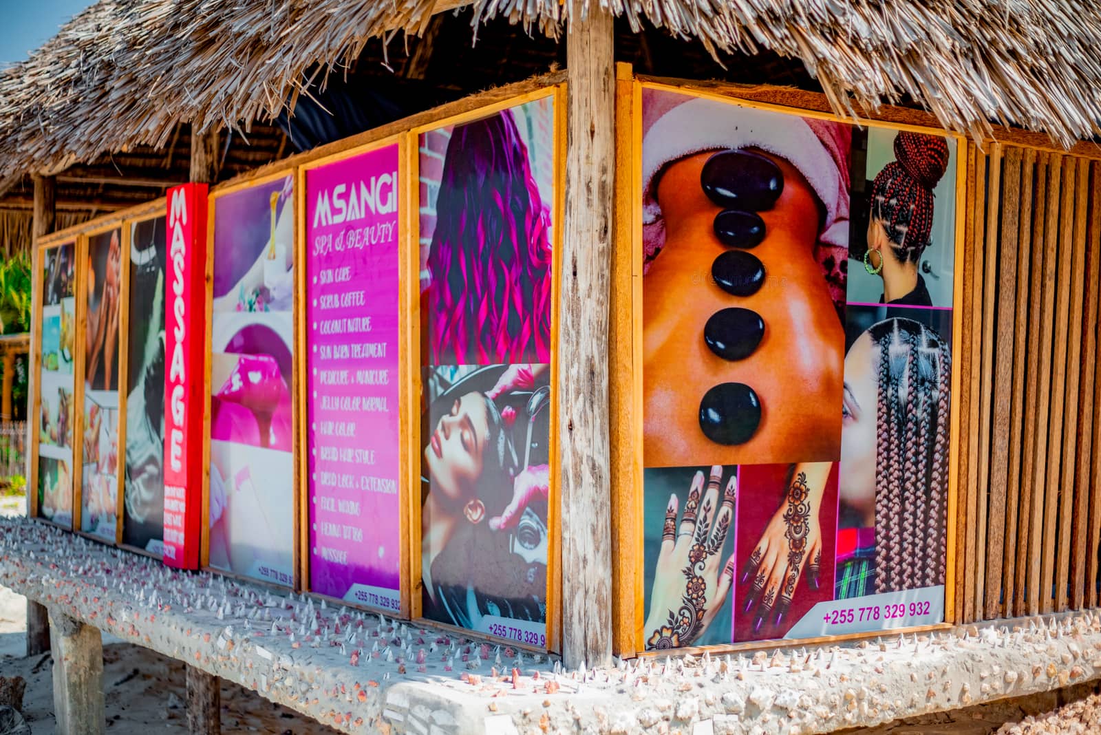 MSANGI SPA & BEAUTY salon exterior with service signage in Jambiani